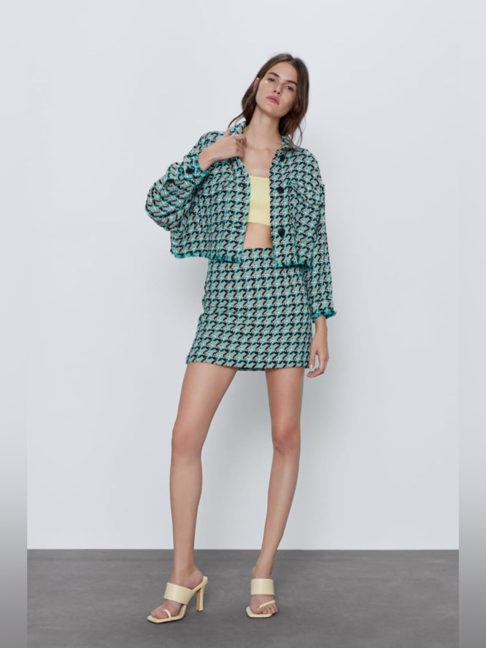 ZARA Textured Houndstooth Tweed 2 Piece Coord Matching Set Crop Jacket Skirt New